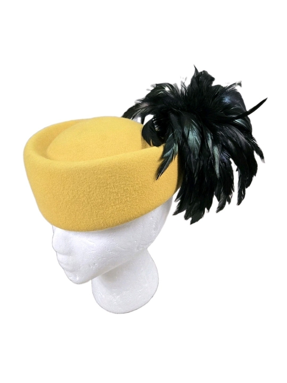Vintage Style Pillbox Hat Yellow Wool Felt Black Feather Beaded Pinup Rockabilly